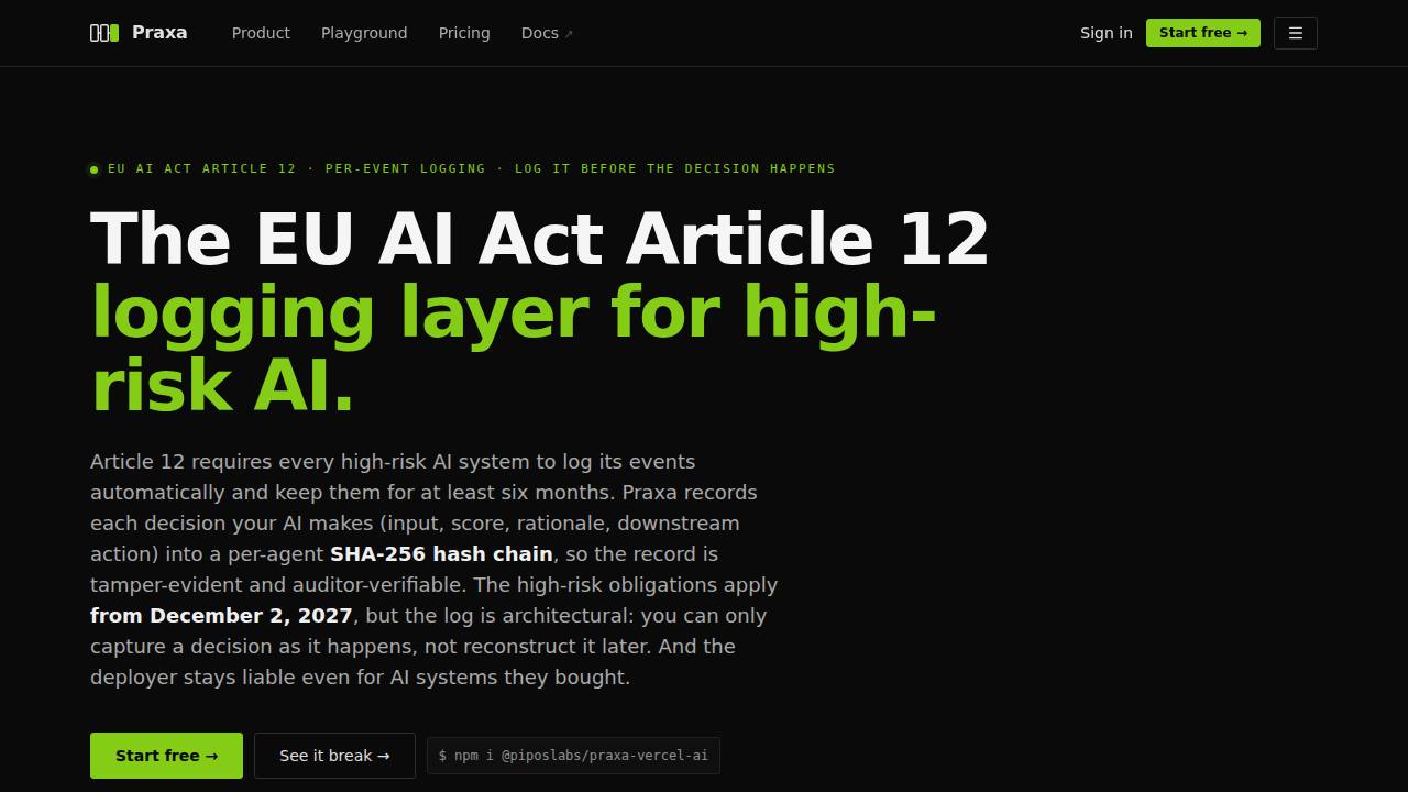 Preview of The EU AI Act Article 12 logging layer for high-risk AI · Praxa
